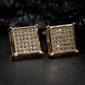 Yellow Gold Sterling Silver Hip Hop Cz Square Flat Screen Mens Stud Earrings
